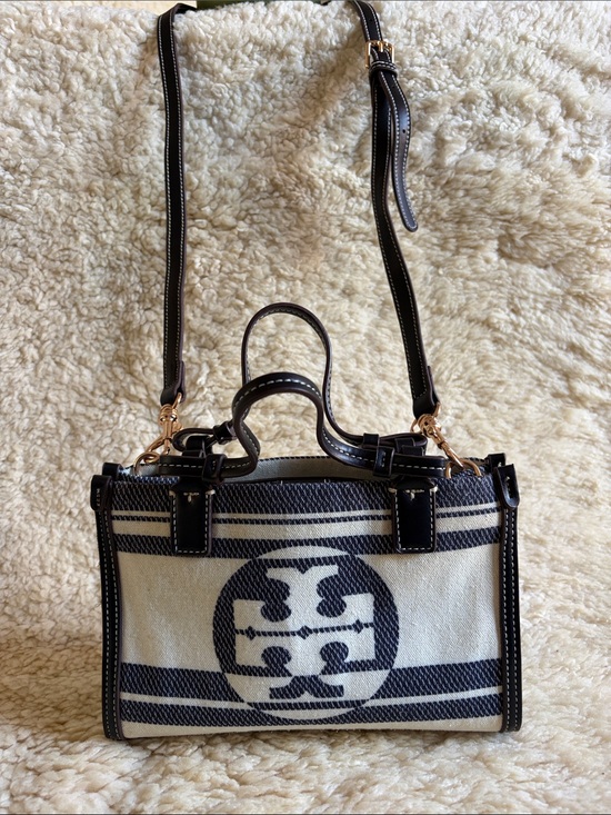 Tory Burch Handbags - Tory Burch Navy and Cream Canvas Mini Tote with Leather Trim